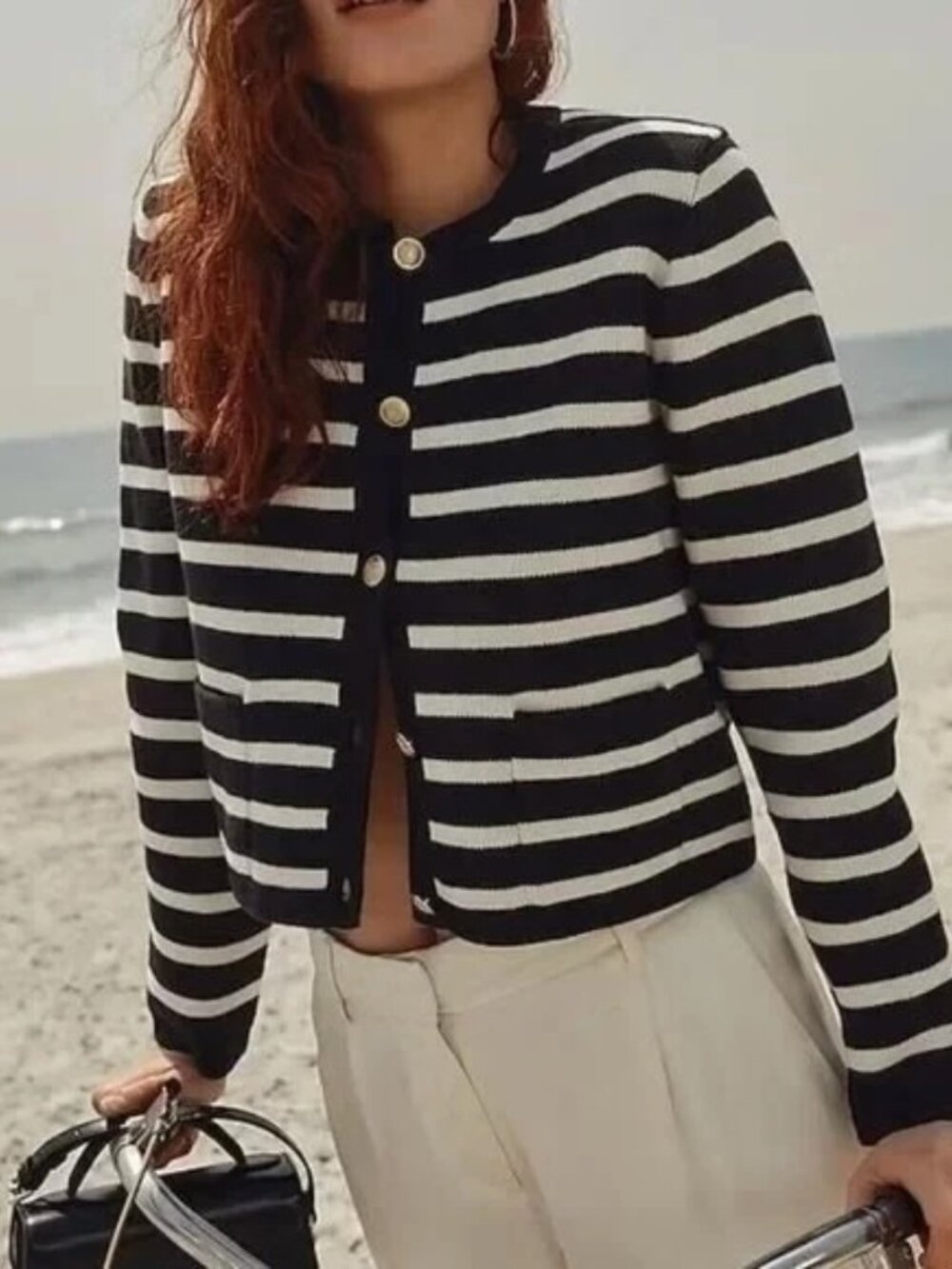 Loft Striped Cotton Jacket Cardigan Sweater Size Medium Petite